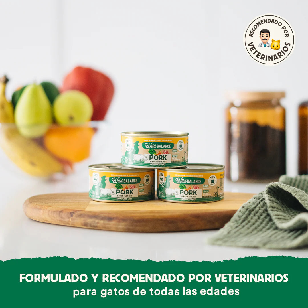 Lata Filosofía BARF de Cerdo con verduras frescas cocinado al vapor para Gatos 120 g