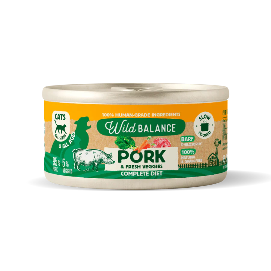 Lata Filosofía BARF de Cerdo con verduras frescas cocinado al vapor para Gatos 120 g