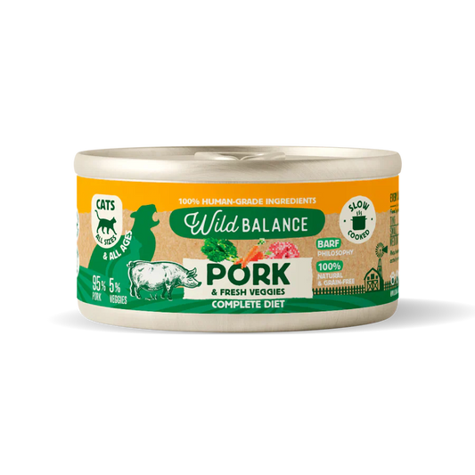 Lata Filosofía BARF de Cerdo con verduras frescas cocinado al vapor para Gatos 120 g