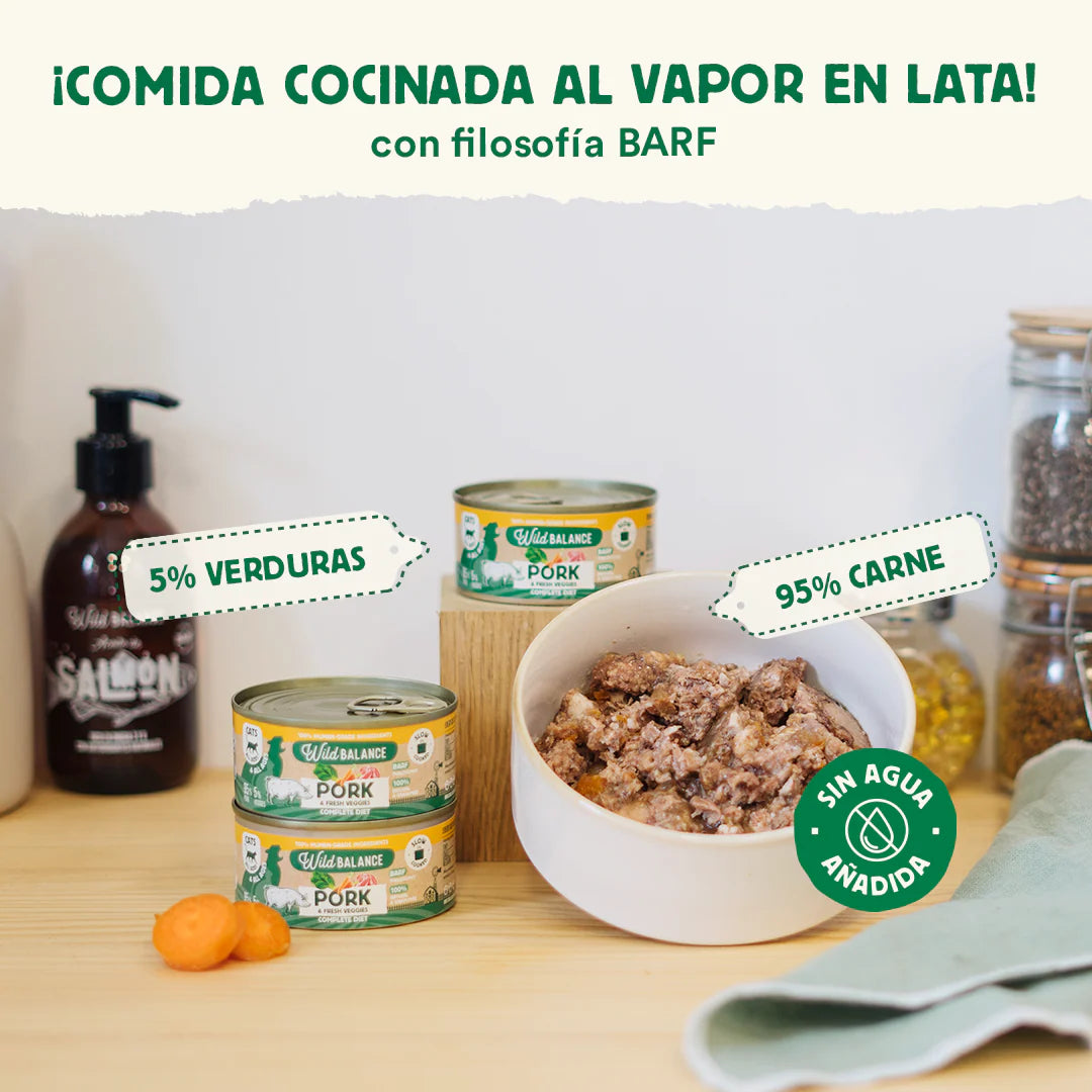 Lata Filosofía BARF de Cerdo con verduras frescas cocinado al vapor para Gatos 120 g
