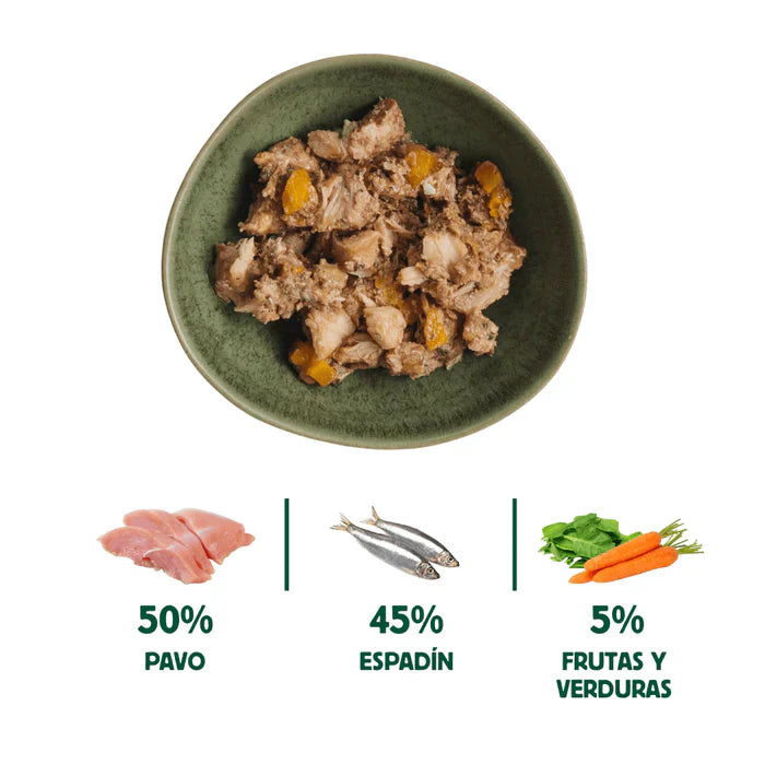 Lata Filosofía BARF de Espadín y Pavo con verduras frescas cocinado al vapor para Gatos 120 g
