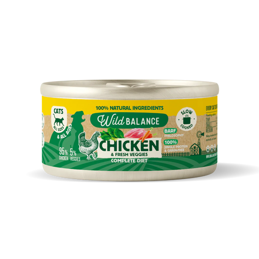 Lata Filosofía BARF de Pollo con verduras frescas cocinado al vapor para Gatos 120 g