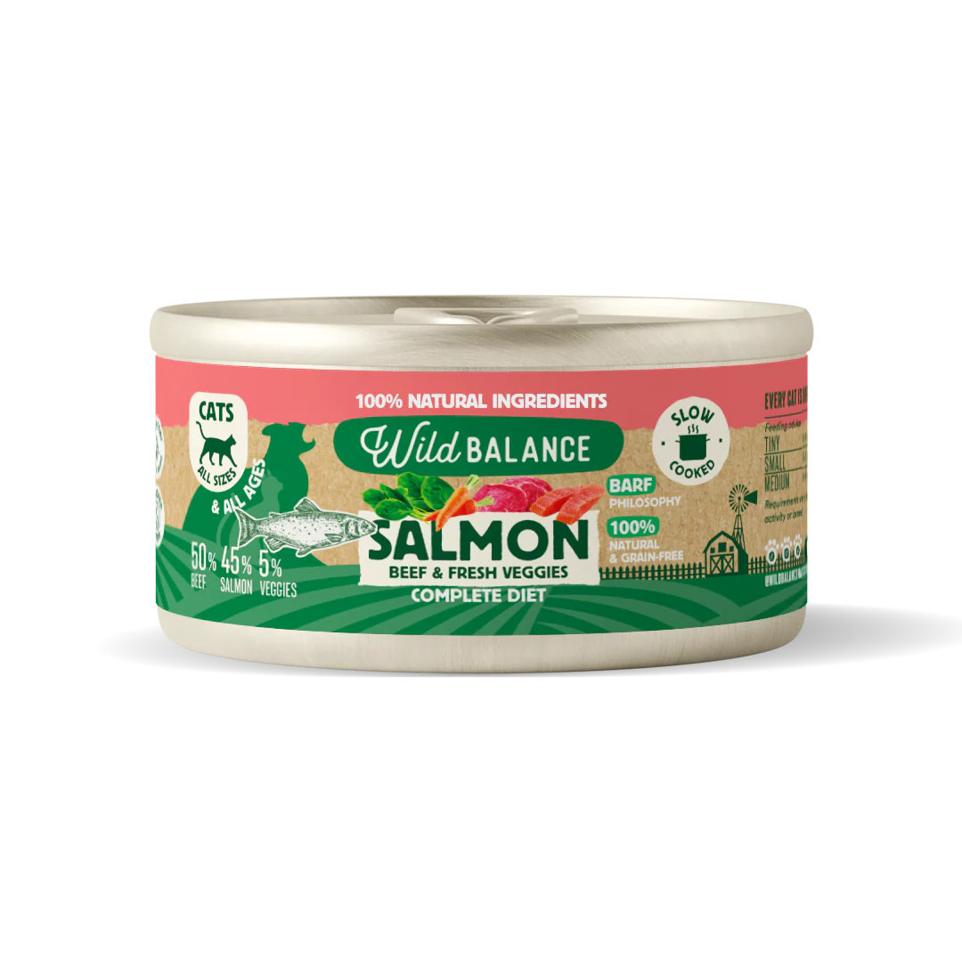 Lata Filosofía BARF de Salmón y Ternera con verduras frescas cocinado al vapor para Gatos 120 g