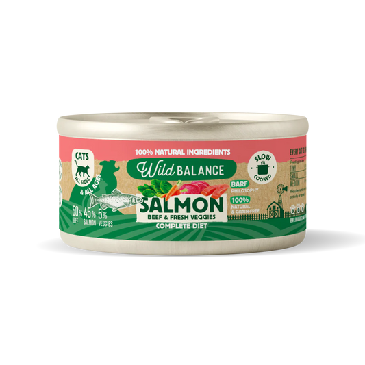 Lata Filosofía BARF de Salmón y Ternera con verduras frescas cocinado al vapor para Gatos 120 g