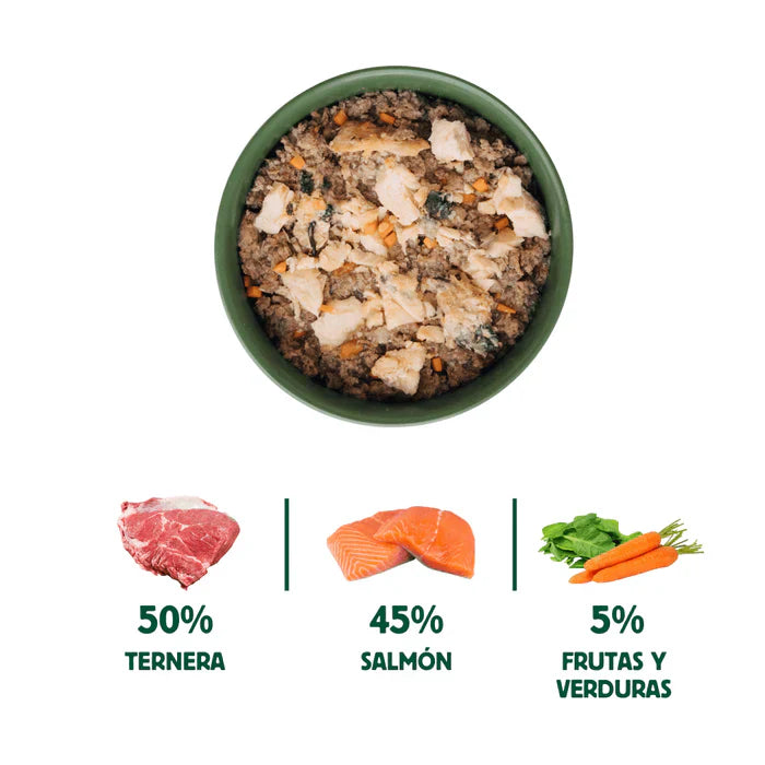 Lata Filosofía BARF de Salmón y Ternera con verduras frescas cocinado al vapor para Gatos 120 g